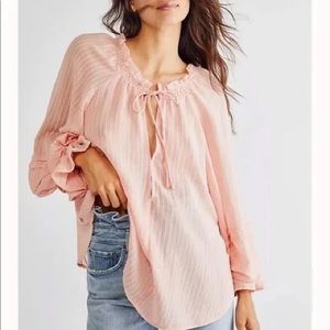 Free People Out Of Town Split Neck Blouse L